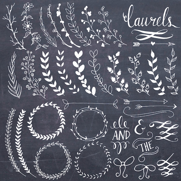 Laurel Wreath Clipart Frames, Digital Wreath Clip Art, Chalkboard Leaves + Laurel Frames, Branch Clip Art, Floral Clipart Frame, PNG, Vector