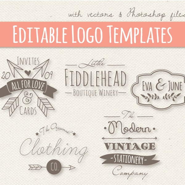 5 Premade Logo Designs, Editable Logo Pack, Logo Template, Premade Logos, Logo, Rustic, Vintage, Cute, Photoshop, Vector, Digital Download