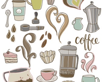 Cute Coffee Clipart Set, Planner Clipart, Coffee Clip Art, Coffee Doodles, Coffee PNG Files, Latte Clipart, Coffee Vector, Commercial Use