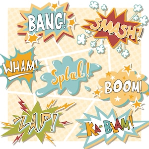 Superhero Clipart + Digital Paper Pack, Comic Book Clipart Speech Bubbles, Superhero Party Clipart, Boys Birthday Party Clip Art, PNG, PSD