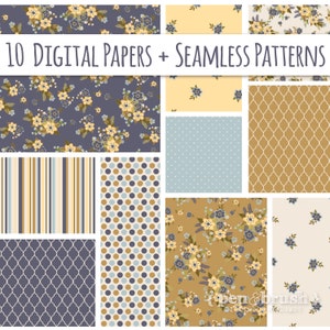 10 Vintage Floral Papers, Digital Paper Pack, Vintage Papers, Seamless Pattern, Navy, Mustard, Floral Clipart, Scrapbook, Instant Download