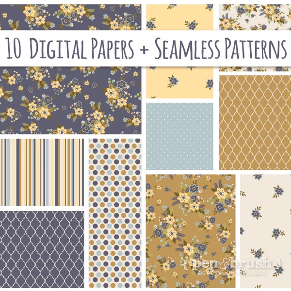 10 Vintage Floral Papers, Digital Paper Pack, Vintage Papers, Seamless Pattern, Navy, Mustard, Floral Clipart, Scrapbook, Instant Download