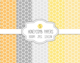 Honeycomb Paper Pack // Digital Pattern Papers // Yellow Gray Grey // Printable Paper // Instant Download // 12x12