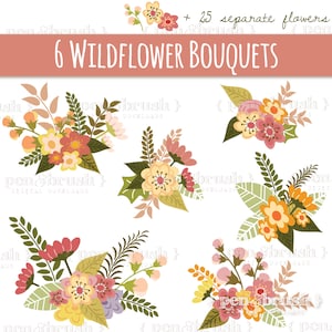 Wildflower Clipart Set, süße Clipart Sträuße in rosa und gelb, Floral Clipart, Blume Clipart, ClipArt, Blumen, PNG, Vektor, Download