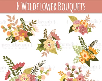 Wildflower Clipart Set, Sweet Clipart Bouquets in Pink and Yellow, Floral Clipart, Flower Clipart, Clip Art, Flowers, PNG, Vector, Download