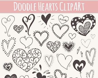 Doodle Heart Clipart Set, 28 Cute Heart Doodles, Valentines Clipart, Heart Clipart, Digital Clip Art, PNG, EPS, Digi Stamps, Commercial Use