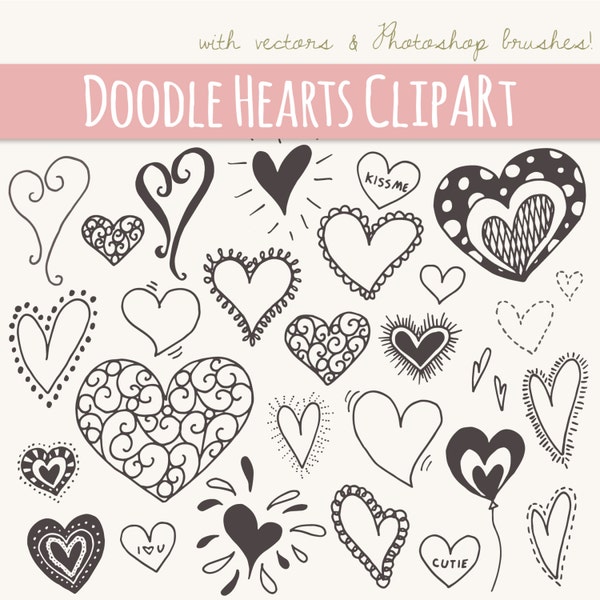 Doodle Heart Clipart Set, 28 Cute Heart Doodles, Valentines Clipart, Heart Clipart, Digital Clip Art, PNG, EPS, Digi Stamps, Commercial Use