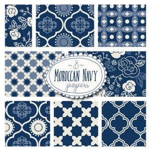 Pacchetto di carta digitale marocchino, documenti digitali blu e bianchi della Marina, sfondi digitali, modelli marocchini, JPG, photoshop Swatch, vettori