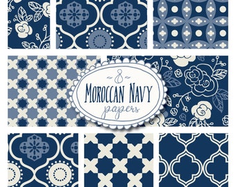 Moroccan Digital Paper Pack, Navy Blue and White Digital Papers, Digital Backgrounds, Moroccan Patterns, JPG, Photoshop Swatch, Vectors