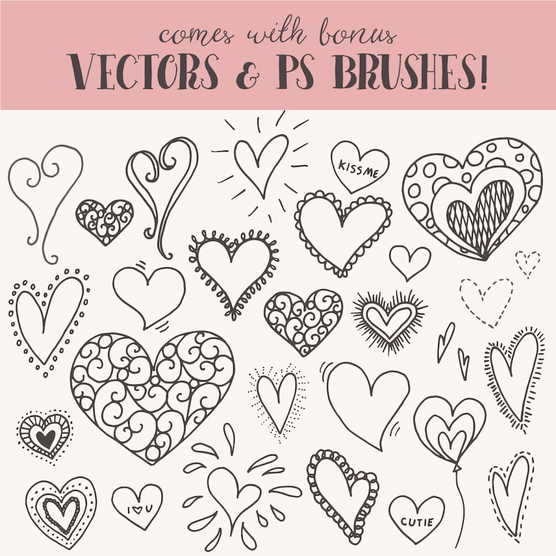 28 Doodle Hearts Clip Art Digital Graphics Download Valentines Day Love Heart Kiss Photoshop Brushes PNG File Vector Commercial