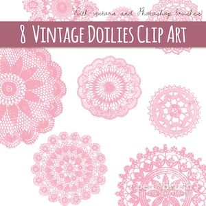Pink Doily Clipart Set, 8 Beautiful Vintage Lace Doilies Clipart, Digital Clip Art, Lace Clipart Doily, Round Lace, Vector, PNG, Download