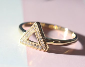 14k Gold Plated Triangle Delta Ring with CZs / Fashion Jewelry / Rings / Statement Rings / Fashion Accessories / Gifts for Her / Triangle