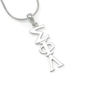 May include: Silver necklace with a pendant featuring the Greek letters Sigma Phi Lambda.
