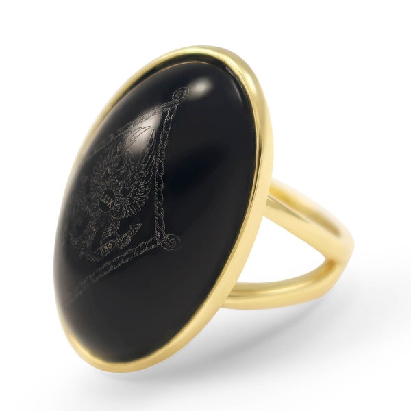 Pi Beta Phi Duchess Ring / 14k Gold Plated Brass / Polished Black Onyx with Laser inscribed Sorority Crest / ΠΒΦ Sorority Ring / Recruitment