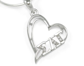 Sigma Lambda Gamma Sterling Silver Heart Pendentif serti de diamants simulés // ΣΛΓ Bijoux de sororité // Cadeaux de sororité // Collier de cœur