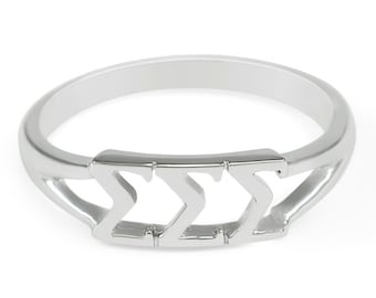 May include: A silver ring featuring a cut-out design of three Greek letters, 'ΣΣΣ'.