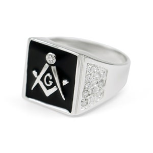 Sterling Silver Masonic Ring Square Top with Black Enamel and CZs // Freemasonry // Freemason // Masonic ring // Masons // Initiation Gift