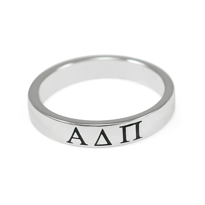 Alpha Delta Pi Sterling Silver Skinny Band Ring with black enamel Greek letters // ΑΔΠ Sorority Jewelry // Sorority gifts // Greek Rings // image 1