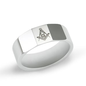Tungsten Masonic Ring with Faceted Top and Precision Laser-Etched Square and Compass// Freemasonry// Freemason// Masonic rings// Initiation
