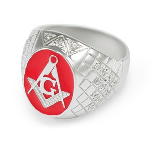 Classic Sterling Silver Masonic Ring with Coral Red Enamel and CZs// Masonic rings// Mason// Freemason//Masonic Gifts// Initiation gifts