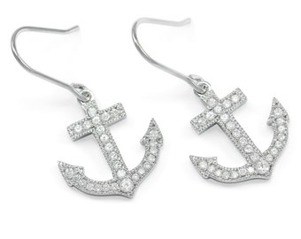 Nautical Statement Sterling Silver Anchor Earrings with CZs / Anchor Earrings / Nautical Jewelry / Anchor Charms / Nautical Charms