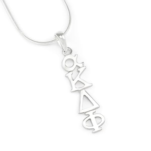 May include: Silver pendant necklace featuring the Greek letters Alpha, Kappa, Delta, and Phi. The letters are stacked vertically on a silver chain.