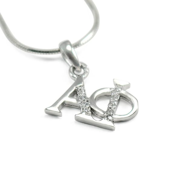Alpha Sigma Phi Sterling Silver Lavaliere Pendant With CZ Stones - 20" Rhodium Snake Chain, Fraternity Jewelry - View #6
