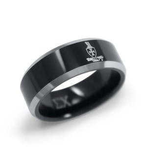 Sigma Chi Black Tungsten Fraternity Ring with Crest and Greek Letters // Fraternity Gifts // Fraternity Rings // Mens Rings // Gifts for Him