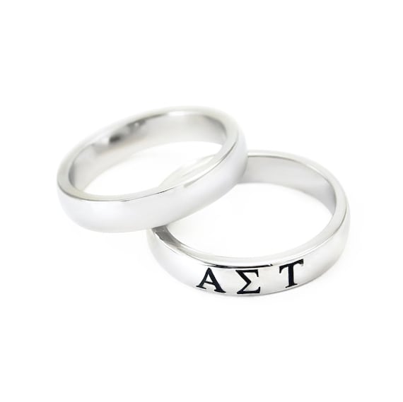 Alpha Xi Delta Sorority Sterling Silver Skinny Band Ring - Greek Letters With Black Enamel