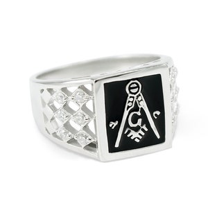 Sterling Silver Masonic Ring with Black Enamel and CZs sides // Masonic Jewelry // Masonic Gifts // Masonic Mercandise