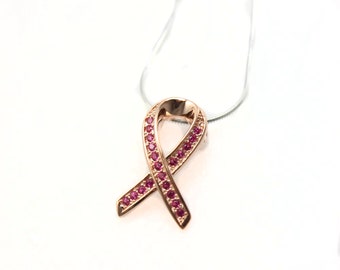 14k Rose Gold Breast Cancer Awareness Ribbon with Simulated Pink Diamonds