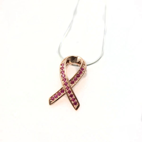 14k Rose Gold Breast Cancer Awareness Ribbon with Simulated Pink Diamonds