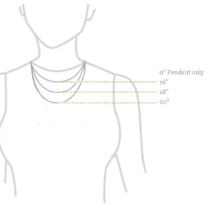 K&ouml;nnte beinhalten: Diagramm, das die Halskettenl&auml;ngen an einem Modell zeigt. Die L&auml;ngen sind 0 Zoll, 16 Zoll, 18 Zoll und 20 Zoll.
