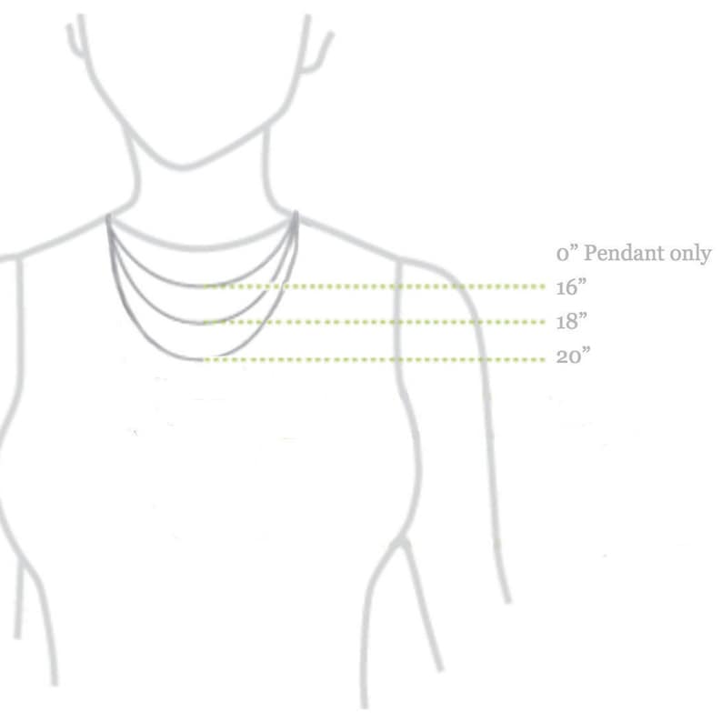 K&ouml;nnte beinhalten: Diagramm, das die Halskettenl&auml;ngen an einem Modell zeigt. Die L&auml;ngen sind 0 Zoll, 16 Zoll, 18 Zoll und 20 Zoll.