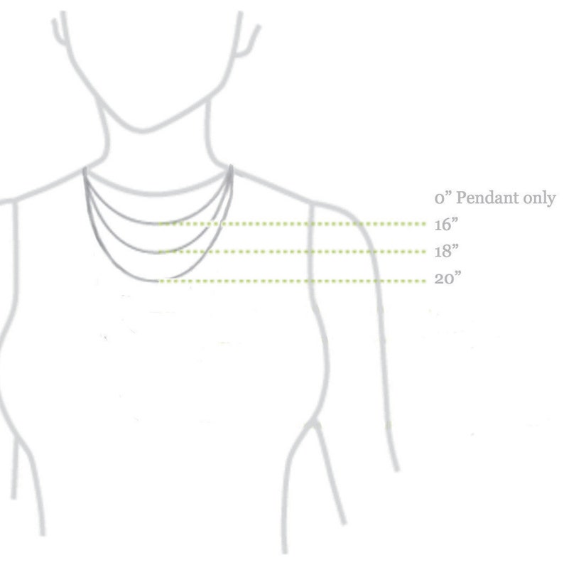 Puede incluir: Diagrama que muestra las longitudes de los collares en una modelo. Las longitudes son 0 pulgadas, 16 pulgadas, 18 pulgadas y 20 pulgadas.