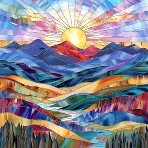 Custom-size premium frosted stained glass window cling film - mountain landscape sunburst