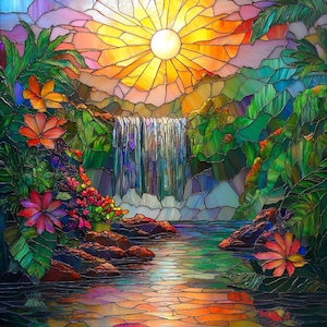 Premium custom window cling film - stained glass tropical waterfall Hawaii flowers