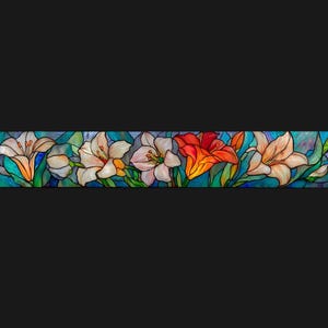 May include: A colorful, rectangular stained glass panel featuring a row of lilies in various stages of bloom. The flowers are depicted in shades of pink, white, orange, and red, with green leaves and a blue background.
