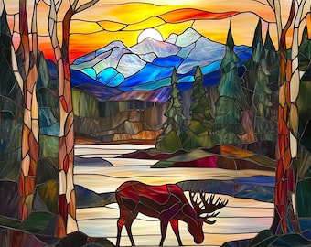 May include: Stained glass panel depicting a scenic landscape with a moose. The artwork features a sunset with mountains, trees, and a body of water. The moose is brown and red, and the sky is a mix of yellow, orange, and blue.