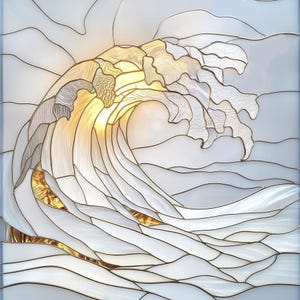 Custom size frosted window cling film - stained glass white ocean wave