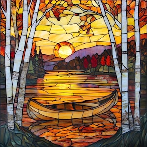Custom-size premium frosted stained glass window cling film - canoe lake in autumn