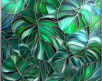 Stained glass premium window film, custom size, frosted - tropical leaves