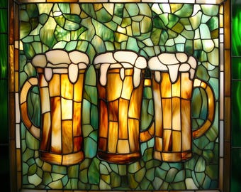 Stained glass premium window film, custom size, frosted- beer mugs pub brewery