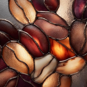 May include: Close-up of a stained glass design featuring organic shapes in shades of brown, red, and gold. The glass pieces are outlined with dark metal, creating a mosaic-like pattern. The textures vary from smooth to slightly rough.