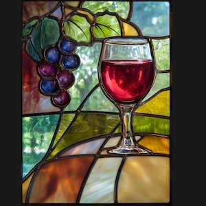 May include: Stained glass panel featuring a glass of red wine and a bunch of grapes. The wine glass is filled with a deep red liquid. The grapes are purple and blue. The background shows green foliage and a colorful geometric design.