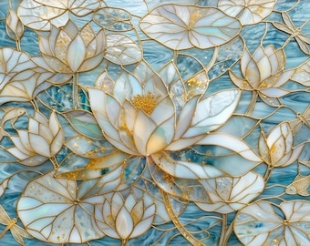 Película premium para janelas com efeito vitral, tamanho personalizado, fosca - flor de lótus, nenúfar e lagoa.