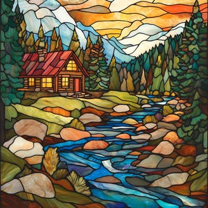 Custom-size premium frosted stained glass window cling film- mountain cabin