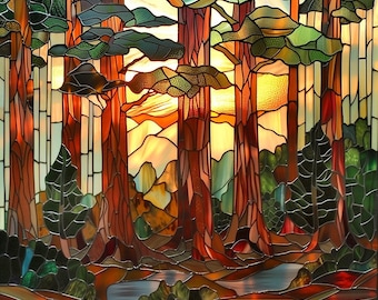 Custom-size premium frosted stained glass window cling film - Redwood forest