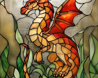 May include: Stained glass dragon in shades of red, orange, and yellow, with green foliage in the foreground. The dragon is in a seated position, with its wings spread. The glass is segmented, creating a mosaic effect.