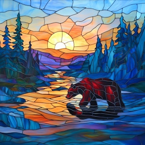 Custom-size premium frosted stained glass window cling film - Sunset Bear